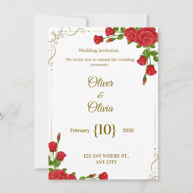 Wedding invitations adorned with red roses are in  (Front)