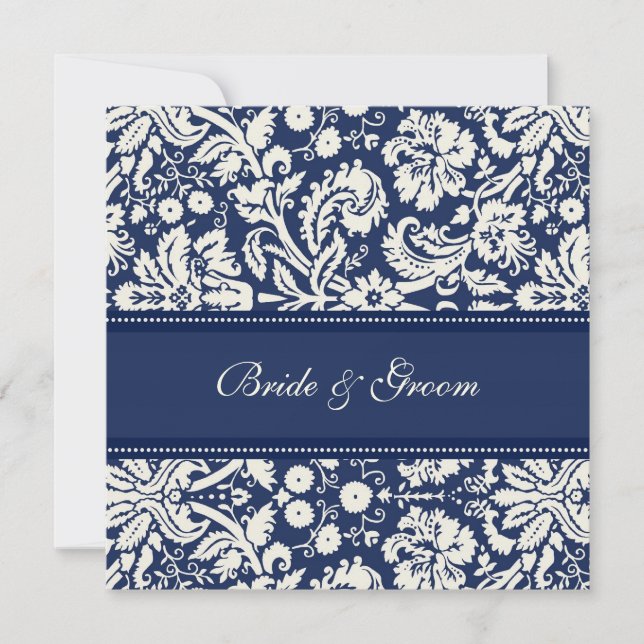 Wedding Invitations Dark Blue Cream Damask (Front)