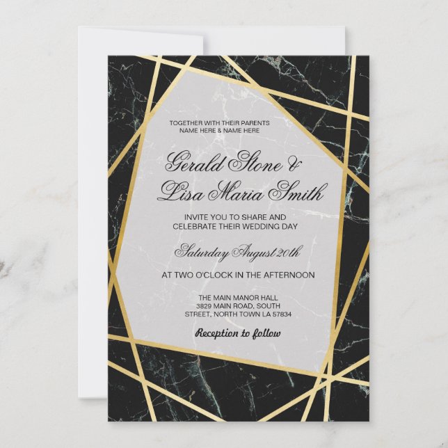 Wedding Invitations Elegant Black Marble Gold (Front)