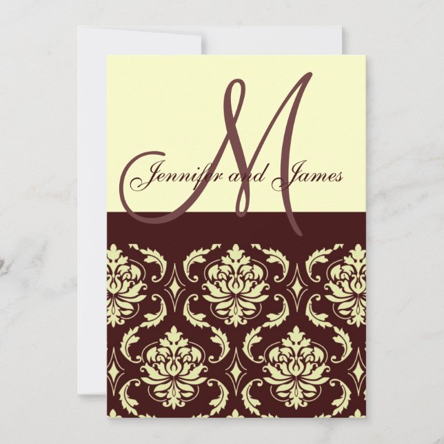 Wedding Invitations Monogram Brown Ivory Damask (Front)