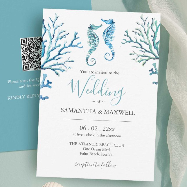 Wedding Invitations On A Budget Beach Seahorses (Beach wedding invitations with qr code designed with watercolor seahorses and coral in blue)