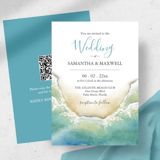 Wedding Invitations On A Budget Unique Destination (Beach wedding invitations with QR code features watercolor shoreline art by Victoria Grigaliunas)