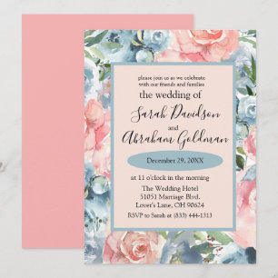 Wedding Invitations - Pink Dusty Blue Floral Roses