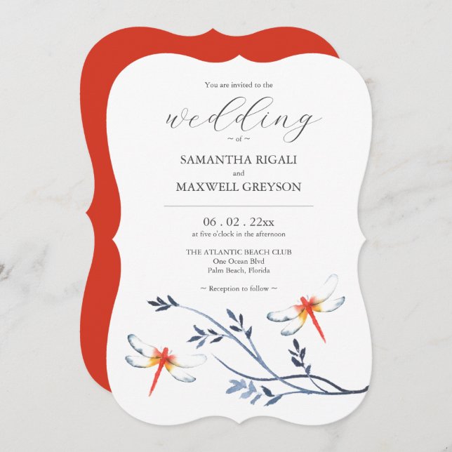 Wedding Invitations Template Red Dragonflies (Front/Back)