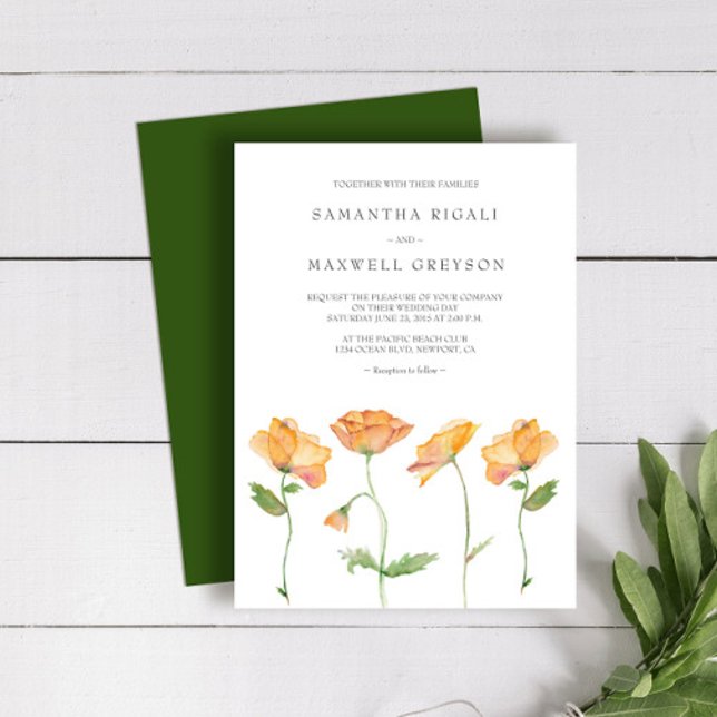 Wedding Invitations Watercolor Orange Poppies (Zazzle wedding invitations orange floral watercolor art by Victoria Grigaliunas)