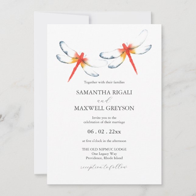 Wedding Invitations Watercolor Red Dragonfly (Front)