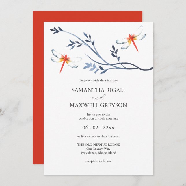 Wedding Invitations Watercolor Red Dragonfly (Front/Back)