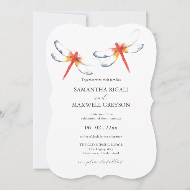 Wedding Invitations Watercolor Red Dragonfly (Front)