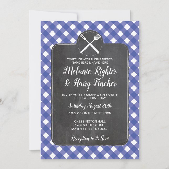 Wedding Invite Blue Gingham BBQ Chalk (Front)