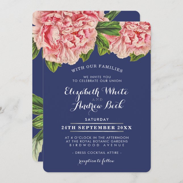 WEDDING INVITE blush pink floral peony flower navy (Front/Back)
