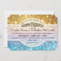Wedding Invite Bokeh Movie Ticket Style Gold Pink