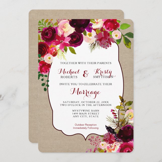 Wedding Invite, burgundy floral rustic 3979 Invitation (Front/Back)