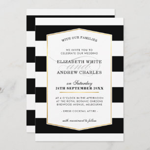 WEDDING INVITE chic modern black white stripe gold