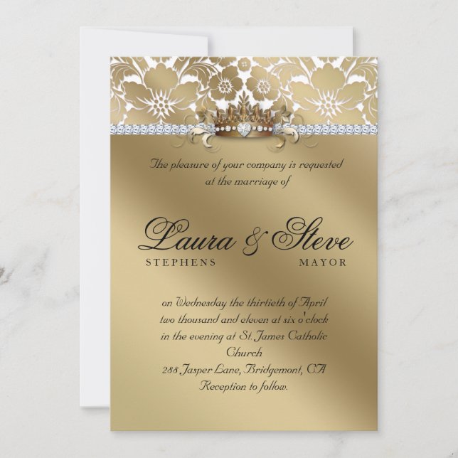 Wedding Invite Damask Floral Gold Crown (Front)