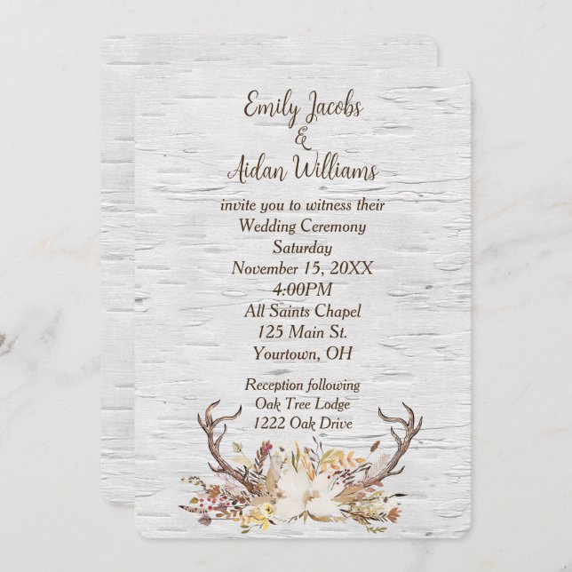 Wedding Invite Deer Antlers on Birch  (Front/Back)