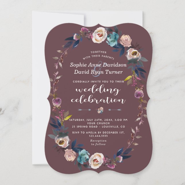 Wedding Invite | Dusty Blue Floral Wreath Maroon (Front)