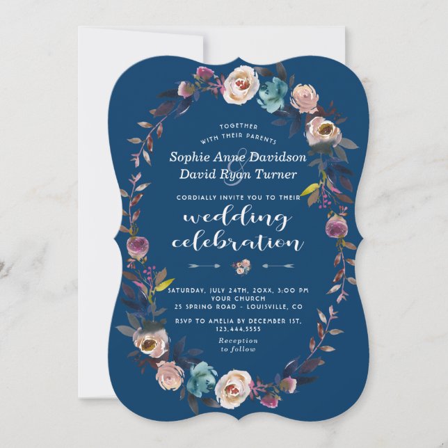 Wedding Invite | Dusty Blue Pink Floral Wreath (Front)