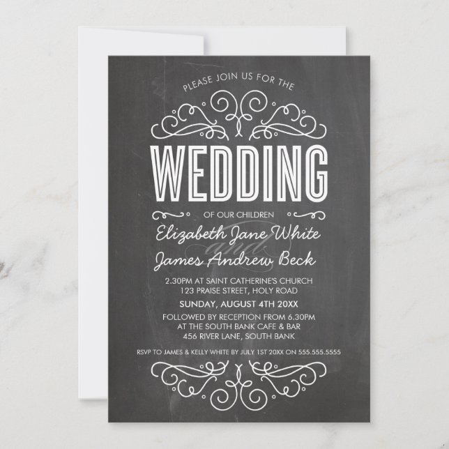 WEDDING INVITE elegant flourish chalkboard grey (Front)