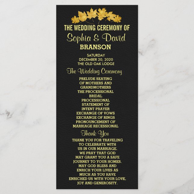 Wedding Invite | Gold Fall Foliage Leather Program (Front)