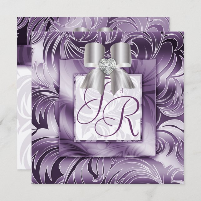 Wedding Invite Leaf Floral Purple Silver Bow 2 (Front/Back)