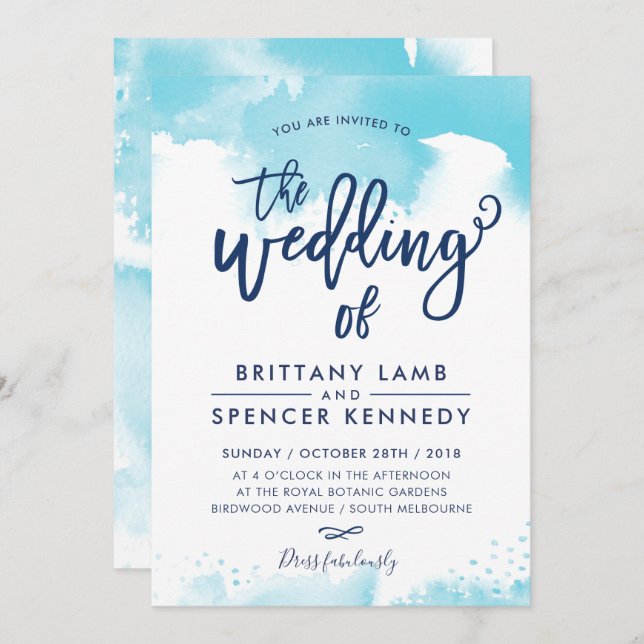 WEDDING INVITE modern stylish aqua blue watercolor (Front/Back)