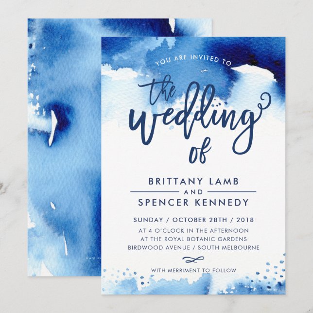WEDDING INVITE modern stylish navy blue watercolor (Front/Back)
