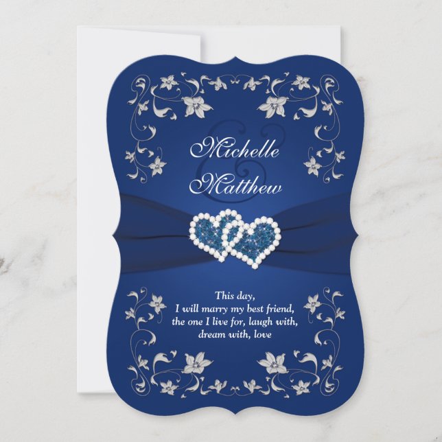 Wedding Invite | Navy, Silver, Floral, Hearts (Front)