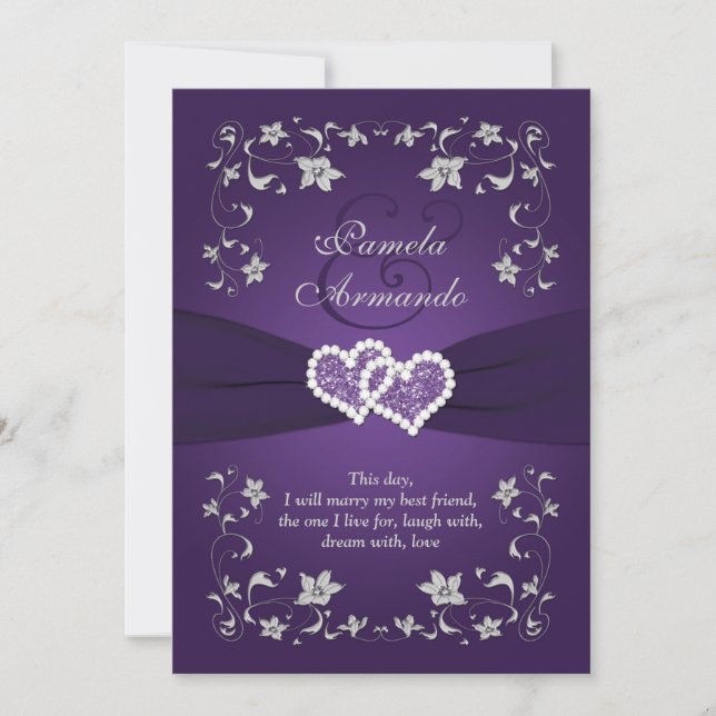 Wedding Invite | Purple, Silver, Floral, Hearts 2 (Front)