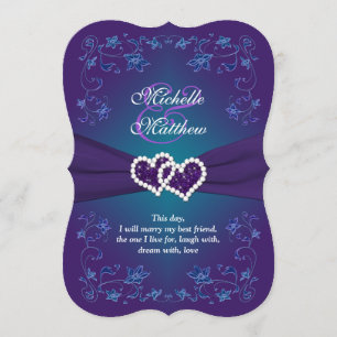 Wedding Invite Purple, Teal, Floral, Hearts