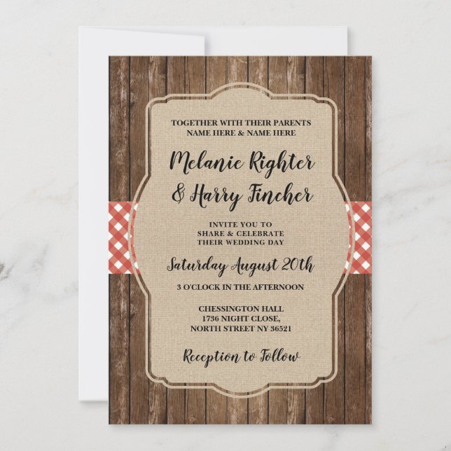 Wedding Invite Red Gingham BBQ Burlap (Front)