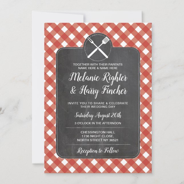 Wedding Invite Red Gingham BBQ Chalk (Front)