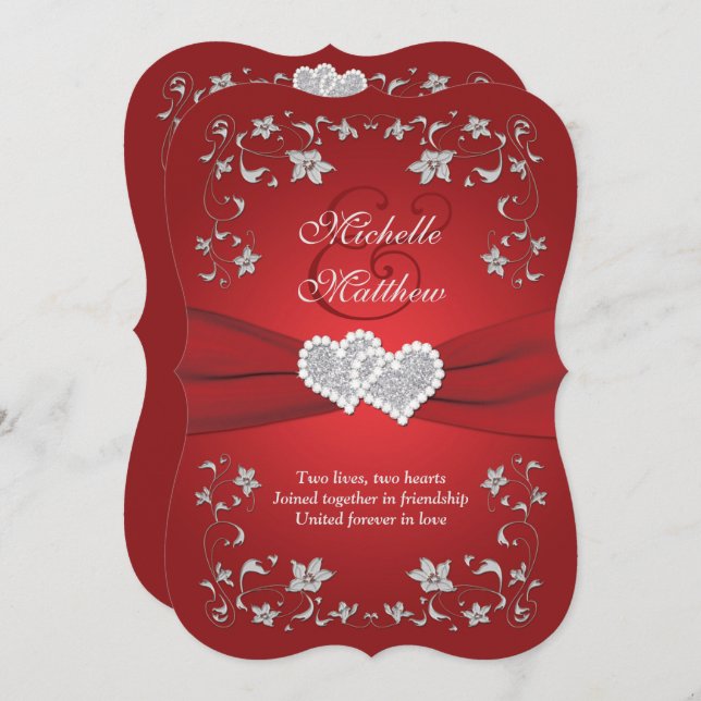 Wedding Invite | Red, Silver, Floral, Hearts 2 (Front/Back)