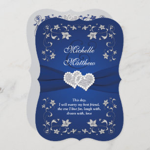 Wedding Invite Royal Blue Silver, Floral, Hearts