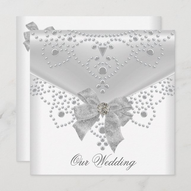 Wedding Invite White Silver Overlay Bow Jewel (Front/Back)