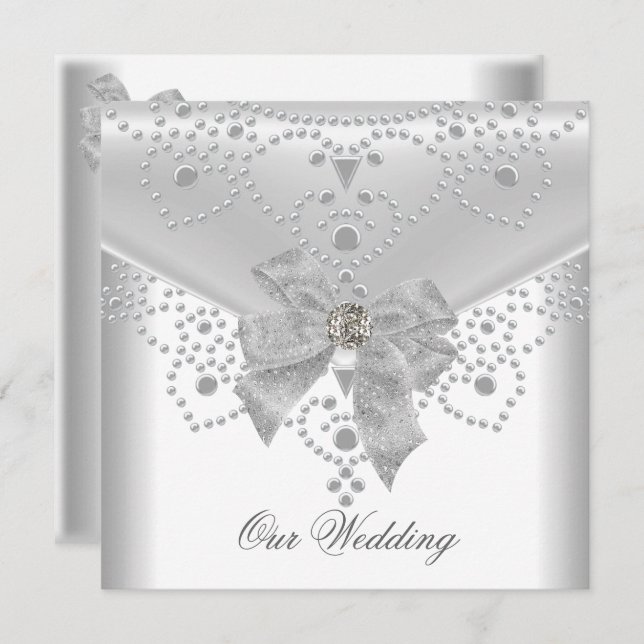Wedding Invite White Silver Overlay Bow Jewel (Front/Back)