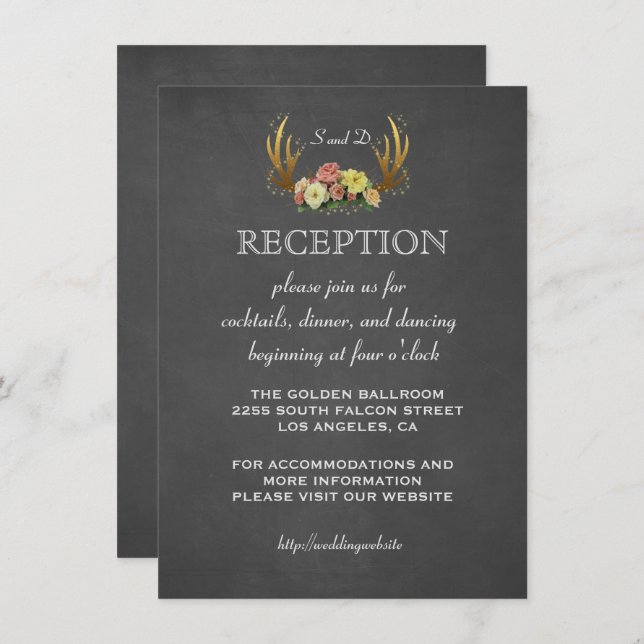 Wedding Invites | Floral Antlers Chalk RECEPTION (Front/Back)