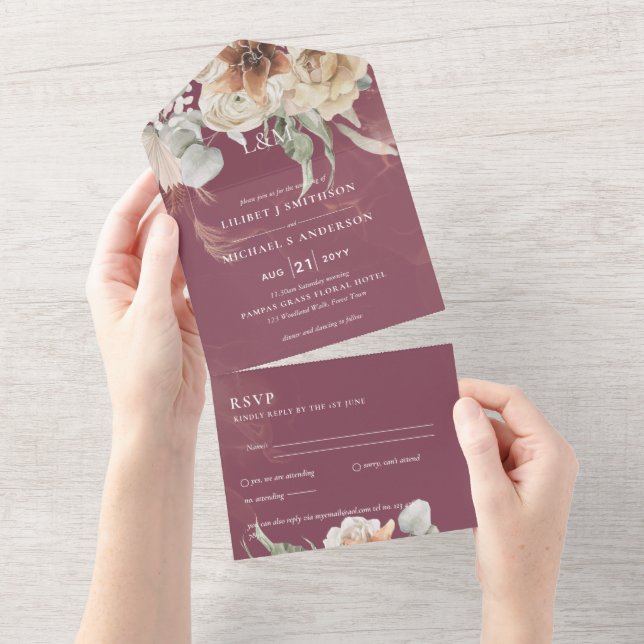 Wedding Invites with RSVP | BOHO Pampas Grass  (Tearaway)