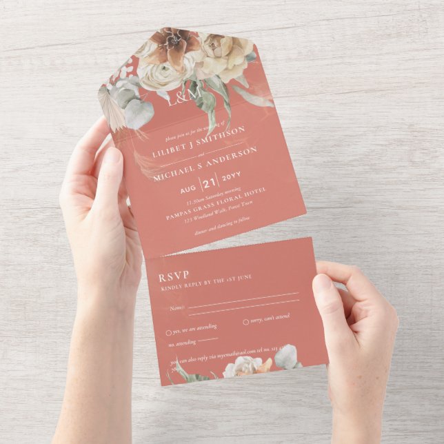 Wedding Invites with RSVP | BOHO Pampas Grass  (Tearaway)