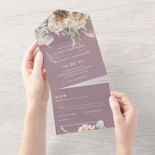 Wedding Invites with RSVP | BOHO Pampas Grass  (Tearaway)