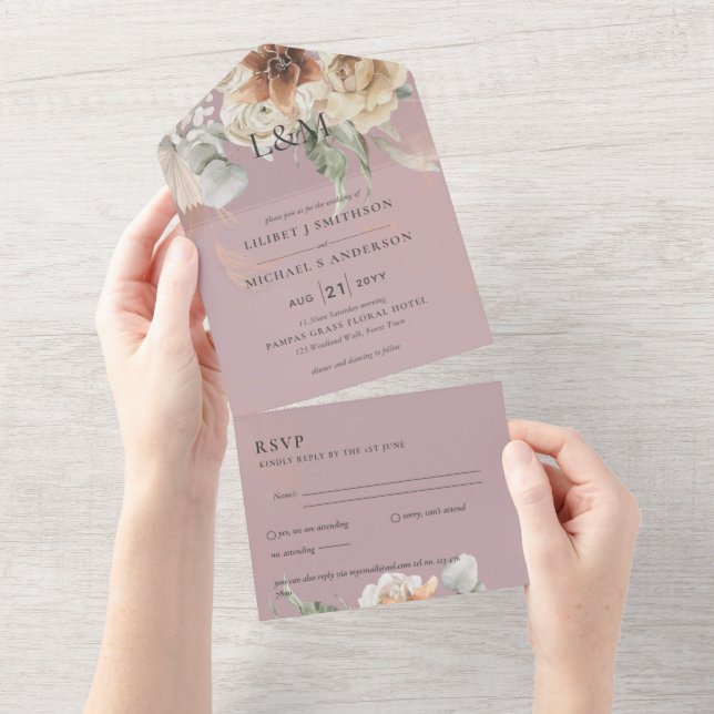 Wedding Invites with RSVP | BOHO Pampas Grass  (Tearaway)