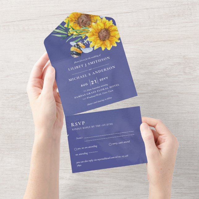 Wedding Invites with RSVP Rustic Sunflowers Bees (Tearaway)