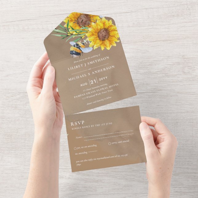 Wedding Invites with RSVP Rustic Sunflowers Bees (Tearaway)
