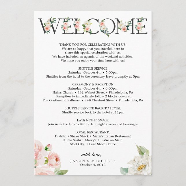 Wedding Itinerary - Wedding Welcome - Bachelorette Programme (Front)