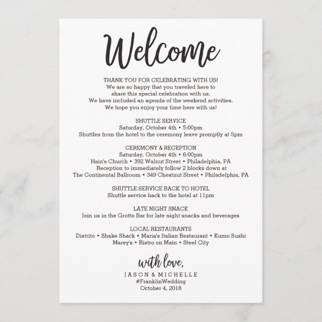 Wedding Itinerary - Wedding Welcome Letter Programme (Front)