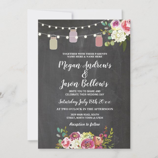 Wedding Jars Chalk Rustic Floral Lights Invitation (Front)