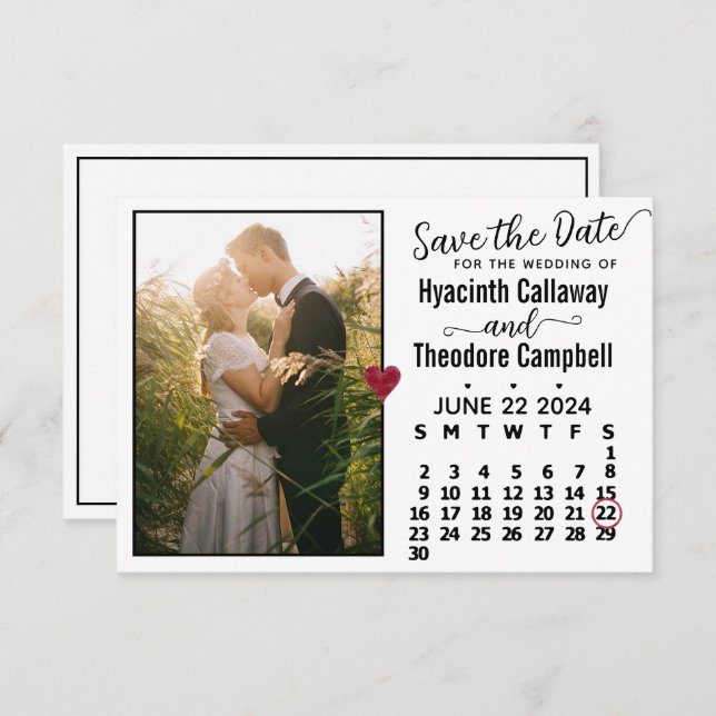 Wedding June 2024 Calendar Custom Photo White Save The Date (Front/Back)