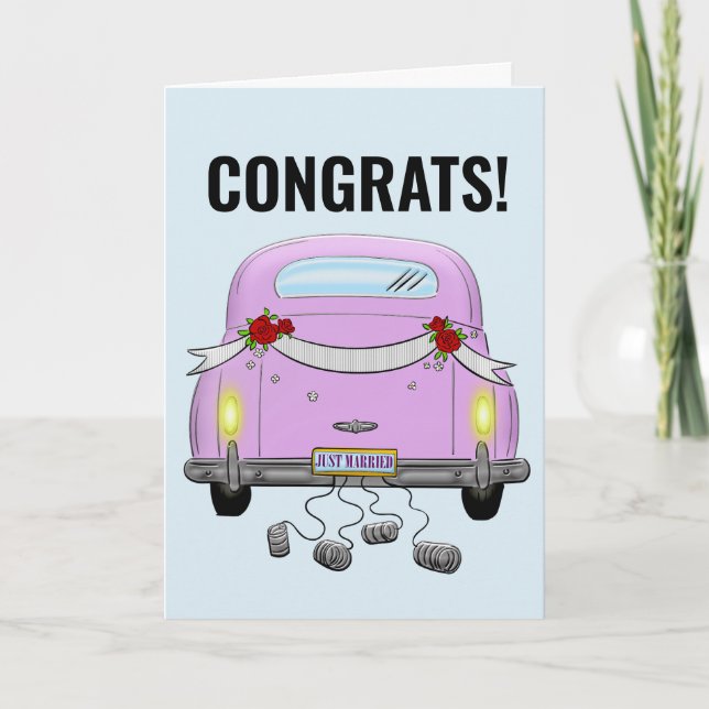 WEDDING JUST MARRIED RETRO CAR GREETING CARD (Front)