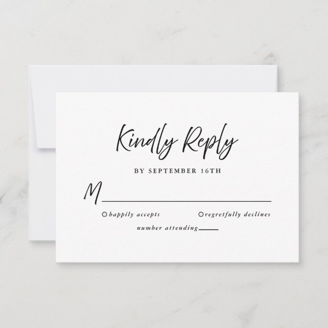 Wedding Kindly Reply Handwritten Black Modern RSVP Card (Front)