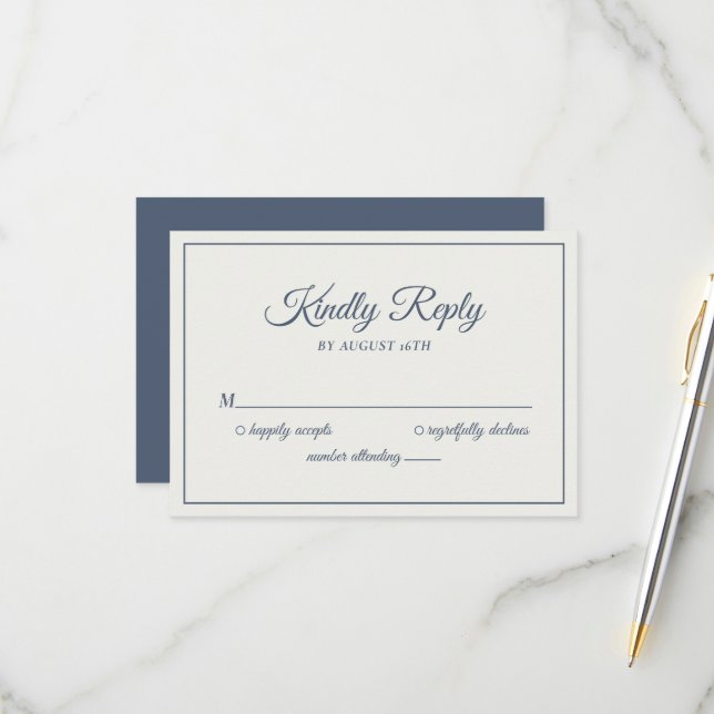 Wedding Kindly Reply Modern Dusty Navy Blue RSVP Card (Front/Back In Situ)