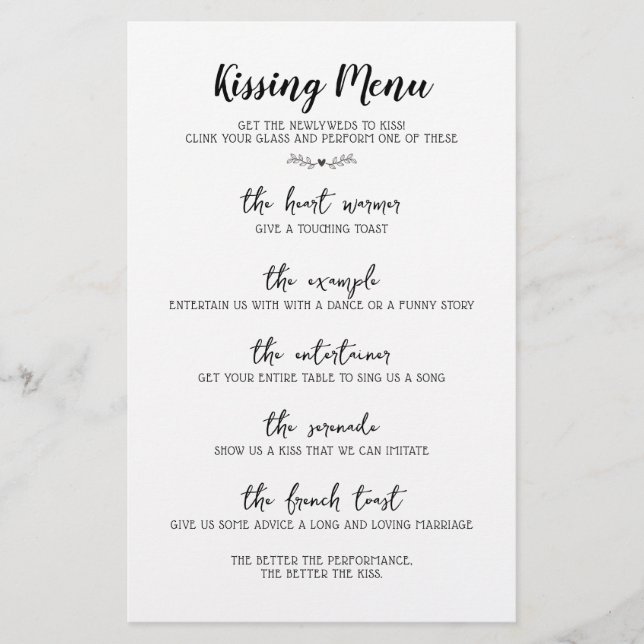 Wedding Kissing Menu Calligraphy Black & White (Front)